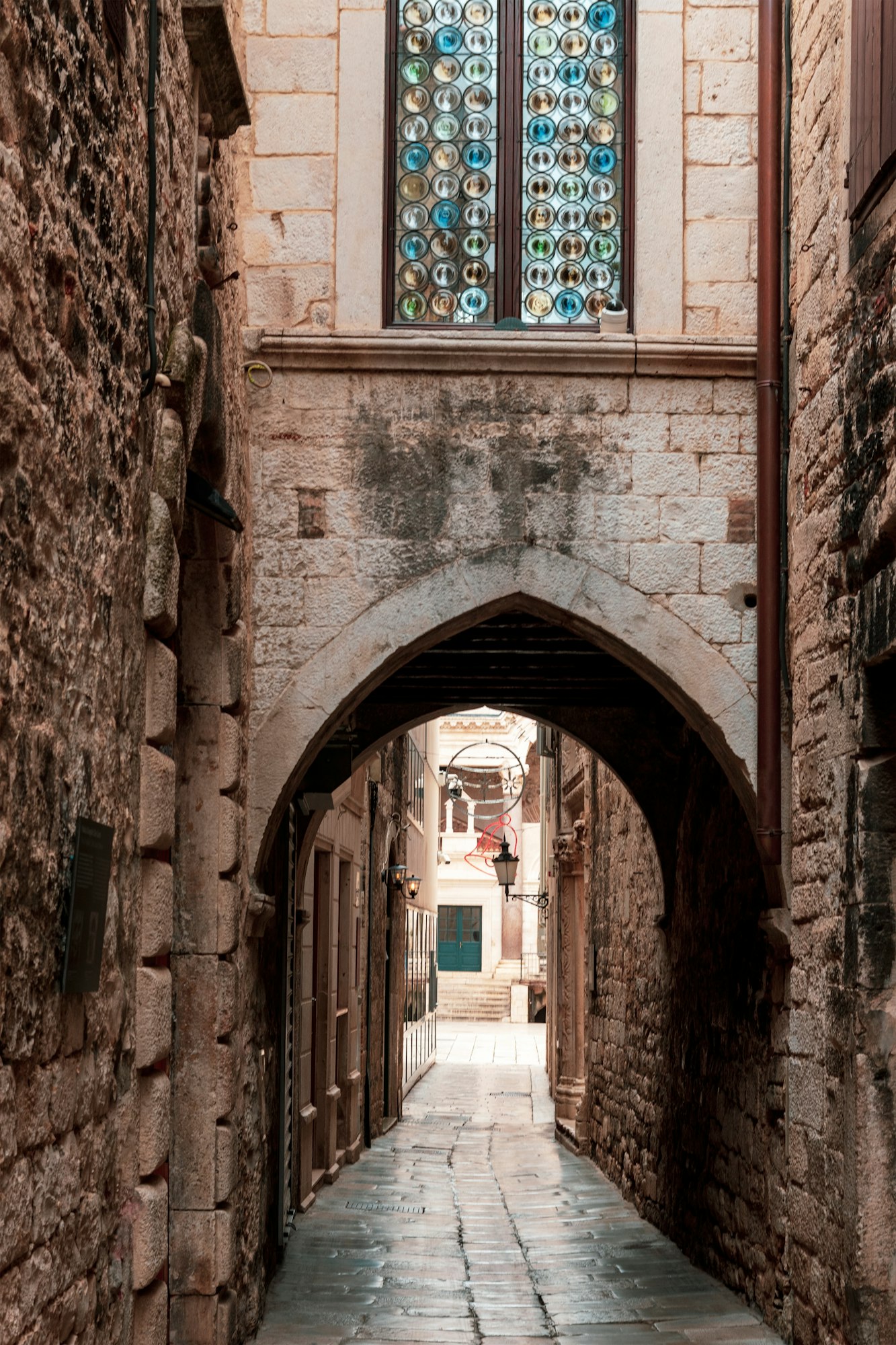 Ancient street passage view of Diocletian's Palace in old town of Split, Croatia
