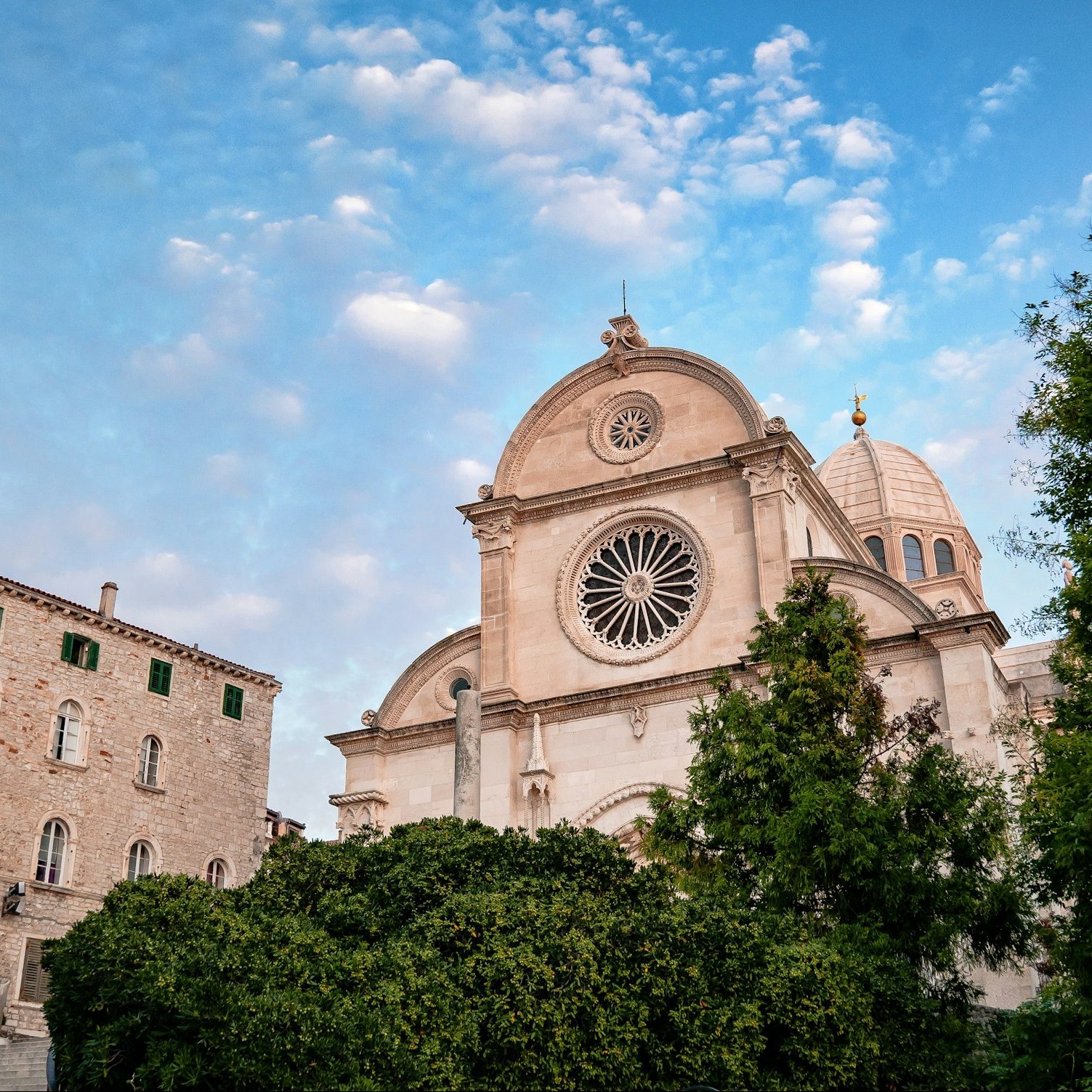 Low angle view of Beautiful cathedral with a dome in Sibenik, Croatia.